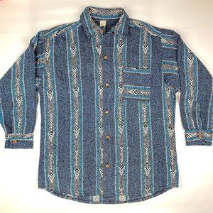 VTG Baja Flannel Shirt Size XL Drug Rug Heavy Warm Blue Striped Mexico Vintage